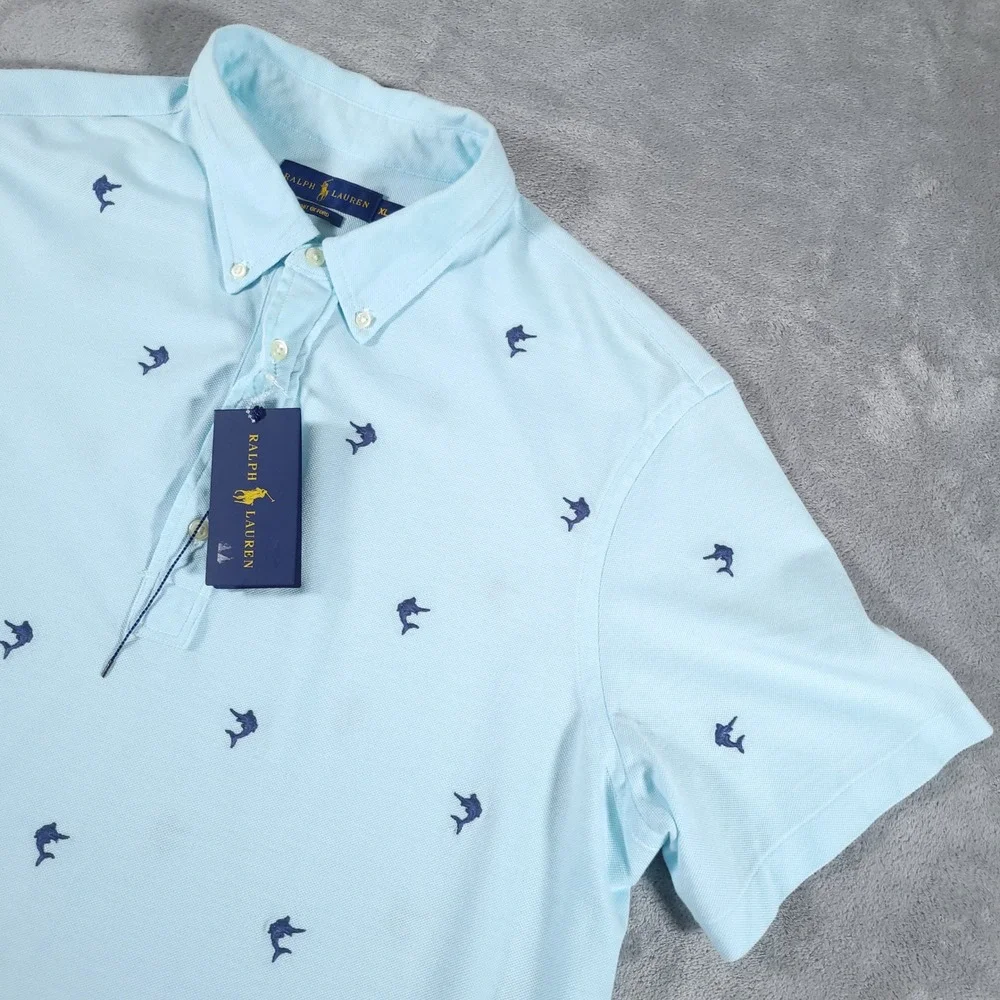 Ralph Lauren Polo Shirt Mens XL Blue Knit Oxford Short Sleeve Marlin Embroidered